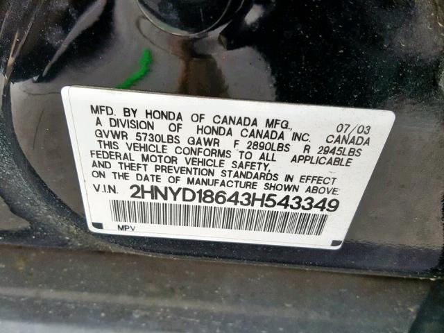 2HNYD18643H543349 - 2003 ACURA MDX TOURIN BLACK photo 10