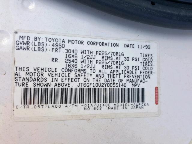 JT6GF10U2Y0055140 - 2000 LEXUS RX 300 WHITE photo 10