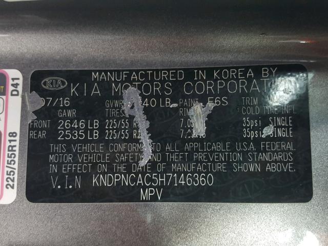 KNDPNCAC5H7146360 - 2017 KIA SPORTAGE E SILVER photo 10