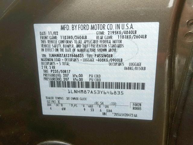 1LNHM87A53Y646835 - 2003 LINCOLN LS BROWN photo 10