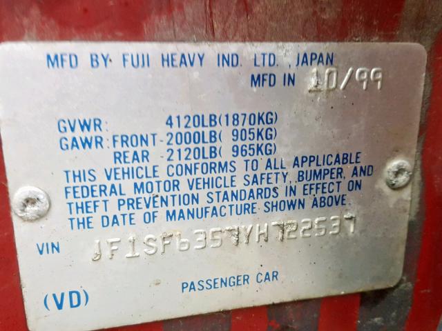 JF1SF6357YH722537 - 2000 SUBARU FORESTER L RED photo 10