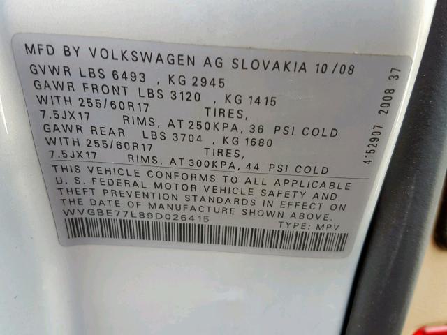 WVGBE77L89D026415 - 2009 VOLKSWAGEN TOUAREG 2 SILVER photo 10