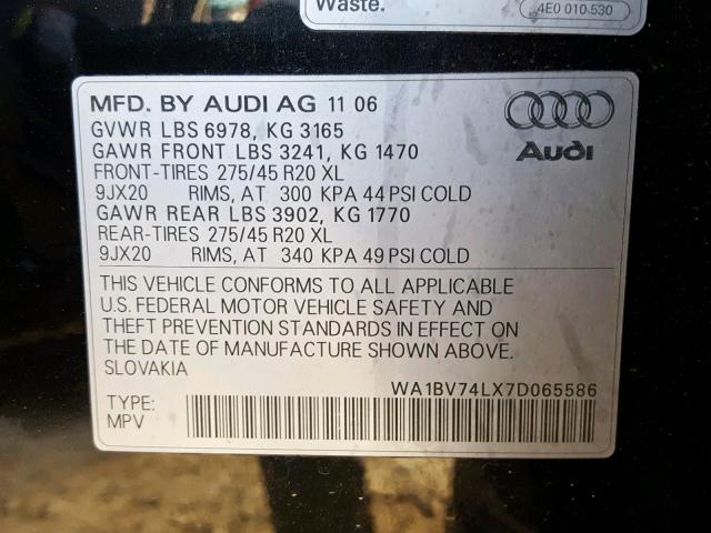 WA1BV74LX7D065586 - 2007 AUDI Q7 4.2 QUA BLACK photo 10