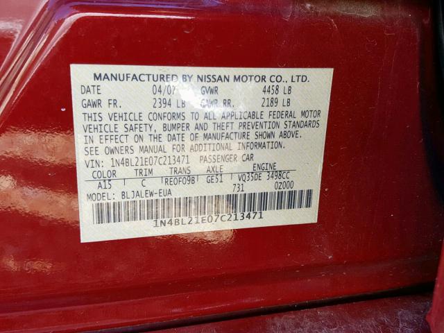 1N4BL21E07C213471 - 2007 NISSAN ALTIMA 3.5 BURGUNDY photo 10