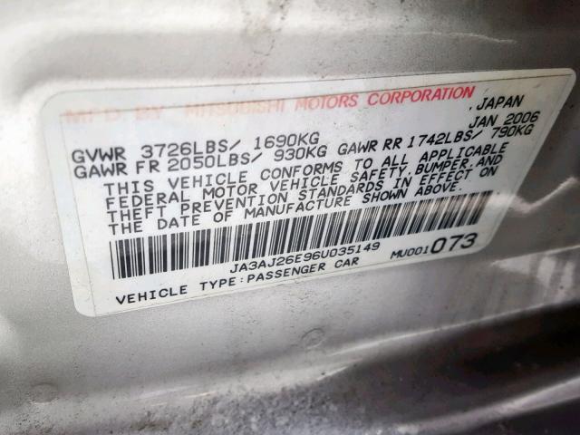 JA3AJ26E96U035149 - 2006 MITSUBISHI LANCER ES SILVER photo 10