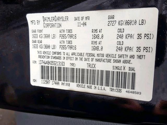 1D7HW48N35S213163 - 2005 DODGE DAKOTA QUA BLACK photo 10