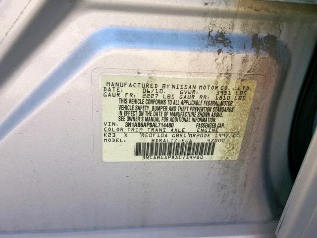 3N1AB6AP8AL714480 - 2010 NISSAN SENTRA 2.0 SILVER photo 10