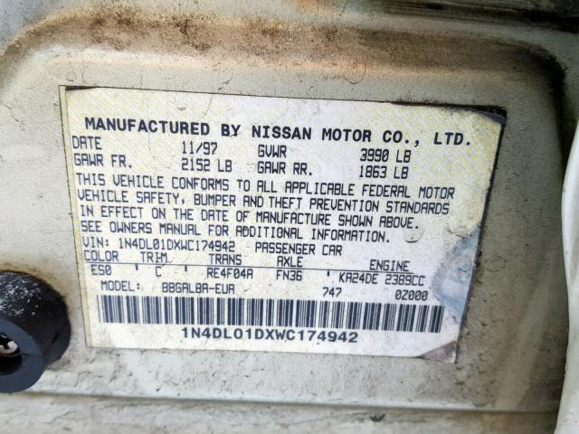 1N4DL01DXWC174942 - 1998 NISSAN ALTIMA XE BEIGE photo 10