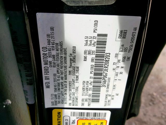 3FA6P0G73ER208203 - 2014 FORD FUSION S BLACK photo 10