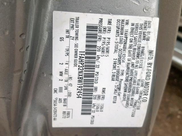 1FAHP32NX8W192454 - 2008 FORD FOCUS S/SE GRAY photo 10