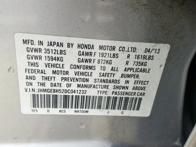 JHMGE8H52DC041232 - 2013 HONDA FIT SPORT SILVER photo 10