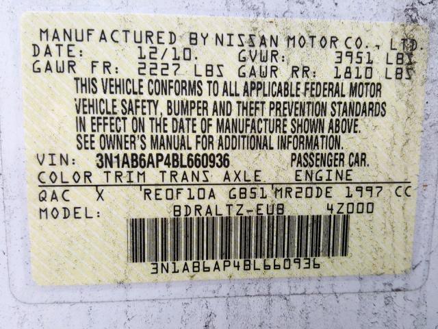 3N1AB6AP4BL660936 - 2011 NISSAN SENTRA 2.0 WHITE photo 10