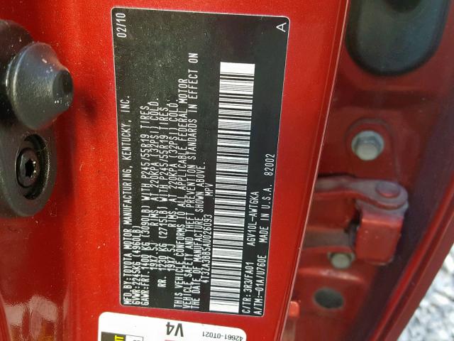 4T3ZA3BB5AU026093 - 2010 TOYOTA VENZA RED photo 10