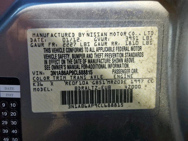 3N1AB6AP9CL688815 - 2012 NISSAN SENTRA 2.0 SILVER photo 10