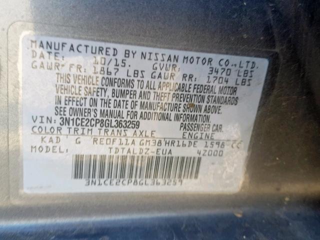 3N1CE2CP8GL363259 - 2016 NISSAN VERSA NOTE GRAY photo 10