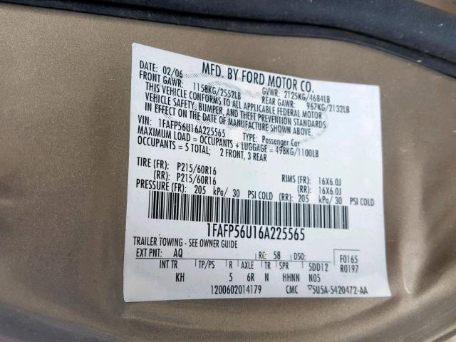 1FAFP56U16A225565 - 2006 FORD TAURUS SEL TAN photo 10