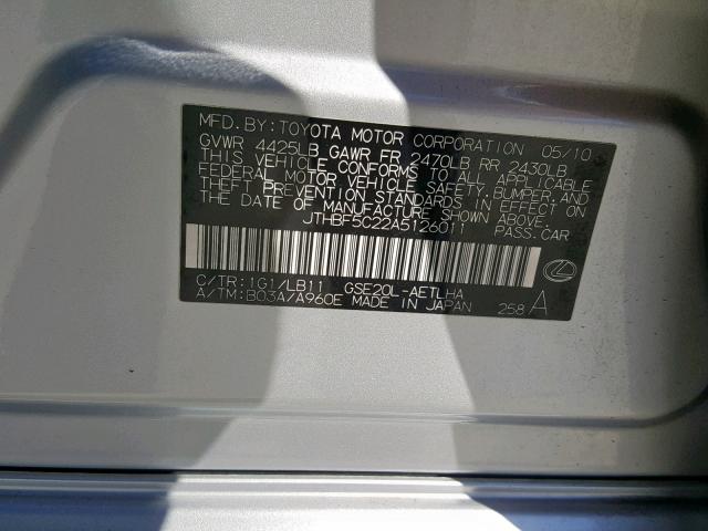 JTHBF5C22A5126011 - 2010 LEXUS IS 250 SILVER photo 10