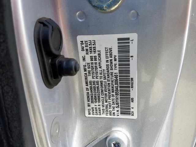 5J6YH18594L006461 - 2004 HONDA ELEMENT EX SILVER photo 10