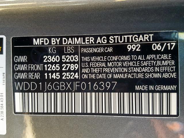 WDD1J6GBXJF016397 - 2018 MERCEDES-BENZ E 400 4MAT GRAY photo 10