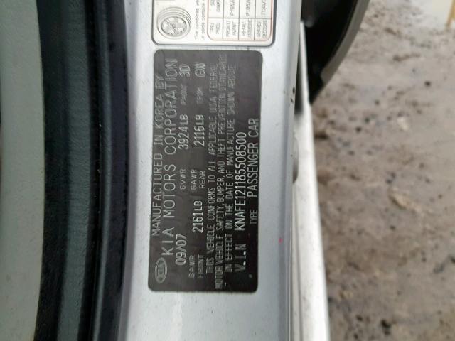 KNAFE121185508500 - 2008 KIA SPECTRA EX SILVER photo 10