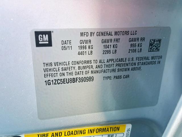 1G1ZC5EU8BF390989 - 2011 CHEVROLET MALIBU 1LT თეთრი ფოტო 10