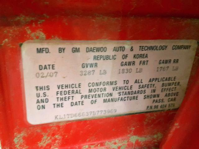 KL1TD66637B773969 - 2007 CHEVROLET AVEO BASE წითელი ფოტო 10