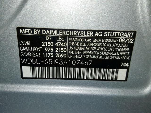 WDBUF65J93A107467 - 2003 MERCEDES-BENZ E 320 SILVER photo 10