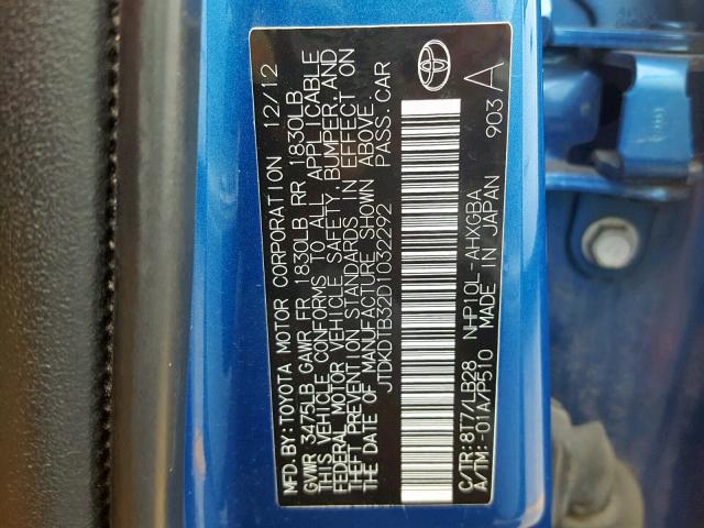 JTDKDTB32D1032292 - 2013 TOYOTA PRIUS C BLUE photo 10