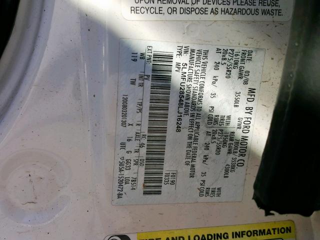 5LMFU28548LJ16248 - 2008 LINCOLN NAVIGATOR Ақ фото 10