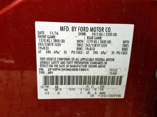 2FMPK3K98HBB19801 - 2017 FORD EDGE TITAN MAROON photo 10