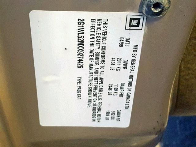 2G1WL52MXX9274426 - 1999 CHEVROLET LUMINA BAS Bej foto 10