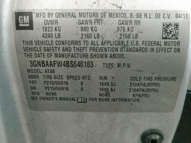 3GNBAAFW4BS646183 - 2011 CHEVROLET HHR LS Plata foto 10