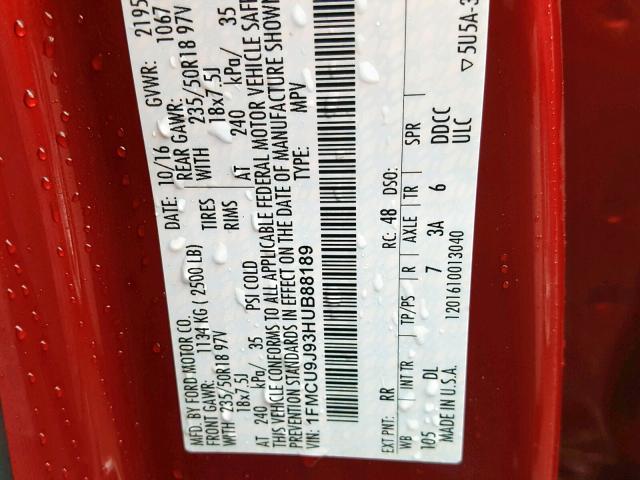 1FMCU9J93HUB88189 - 2017 FORD ESCAPE TIT RED photo 10