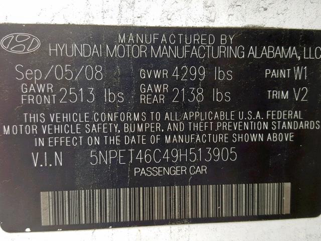 5NPET46C49H513905 - 2009 HYUNDAI SONATA GLS WHITE photo 10