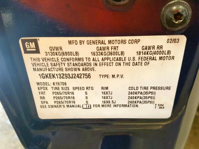 1GKEK13Z93J242756 - 2003 GMC YUKON BLUE photo 10