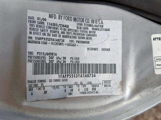 1FAFP55S3YA148734 - 2000 FORD TAURUS SES SILVER photo 10