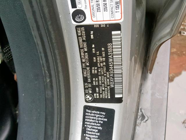 WBXPA93445WA31888 - 2005 BMW X3 3.0I GRAY photo 10