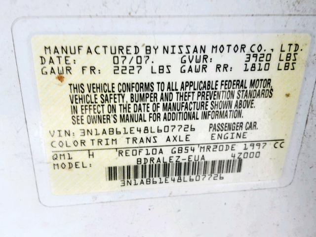 3N1AB61E48L607726 - 2008 NISSAN SENTRA 2.0 WHITE photo 10