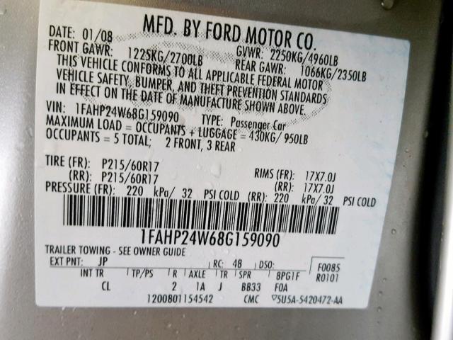 1FAHP24W68G159090 - 2008 FORD TAURUS SEL SILVER photo 10