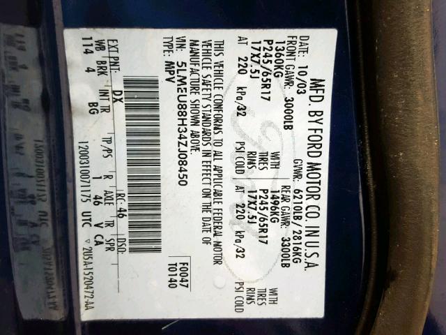 5LMEU88H34ZJ08450 - 2004 LINCOLN AVIATOR 蓝色 照片 10