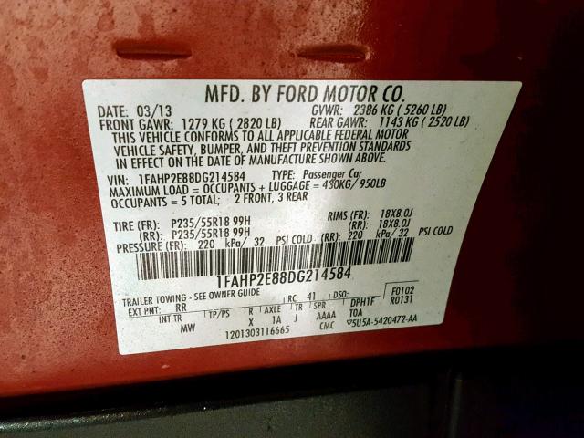 1FAHP2E88DG214584 - 2013 FORD TAURUS SEL RED photo 10