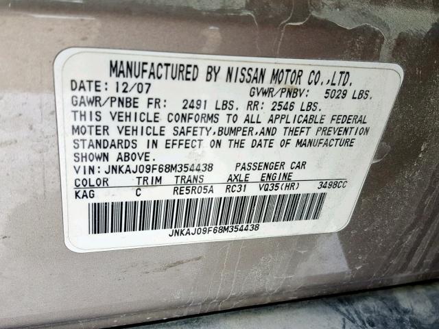 JNKAJ09F68M354438 - 2008 INFINITI EX35 BASE TAN photo 10