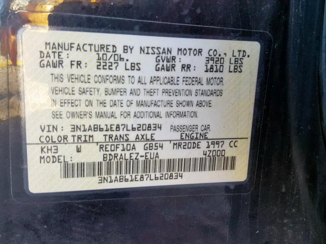 3N1AB61E87L620834 - 2007 NISSAN SENTRA 2.0 BLACK photo 10