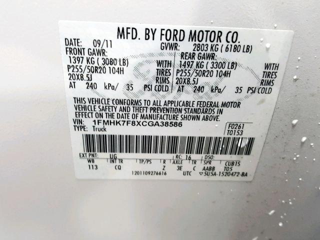 1FMHK7F8XCGA38586 - 2012 FORD EXPLORER L WHITE photo 10