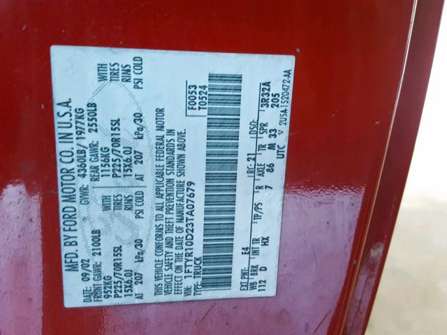 1FTYR10D23TA07679 - 2003 FORD RANGER RED photo 10