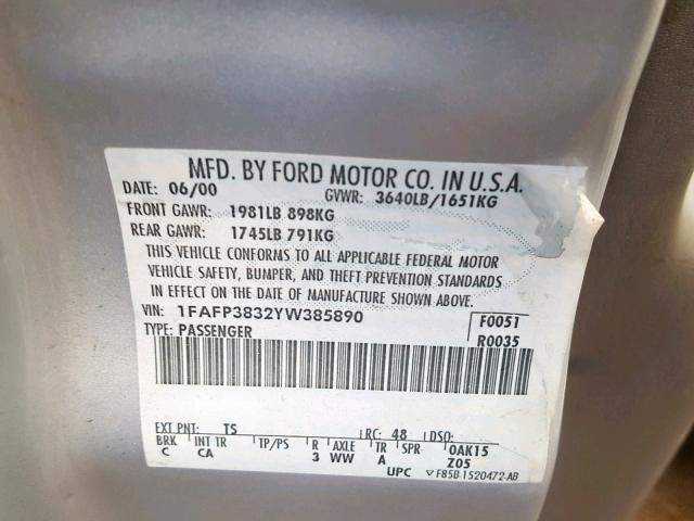 1FAFP3832YW385890 - 2000 FORD FOCUS ZTS SILVER photo 10