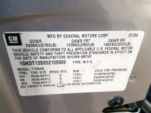 1GKDT13S852105669 - 2005 GMC ENVOY SILVER photo 10