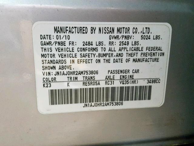 JN1AJ0HR2AM753806 - 2010 INFINITI EX35 BASE SILVER photo 10