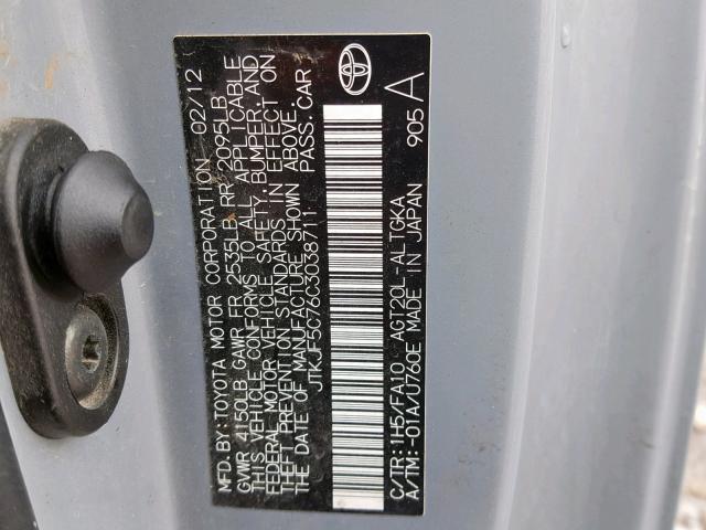 JTKJF5C76C3038711 - 2012 TOYOTA SCION TC GRAY photo 10