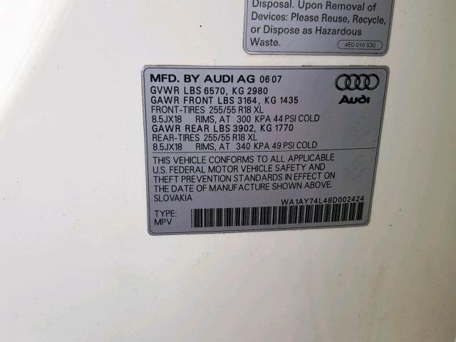 WA1AY74L48D002424 - 2008 AUDI Q7 3.6 QUA WHITE photo 10